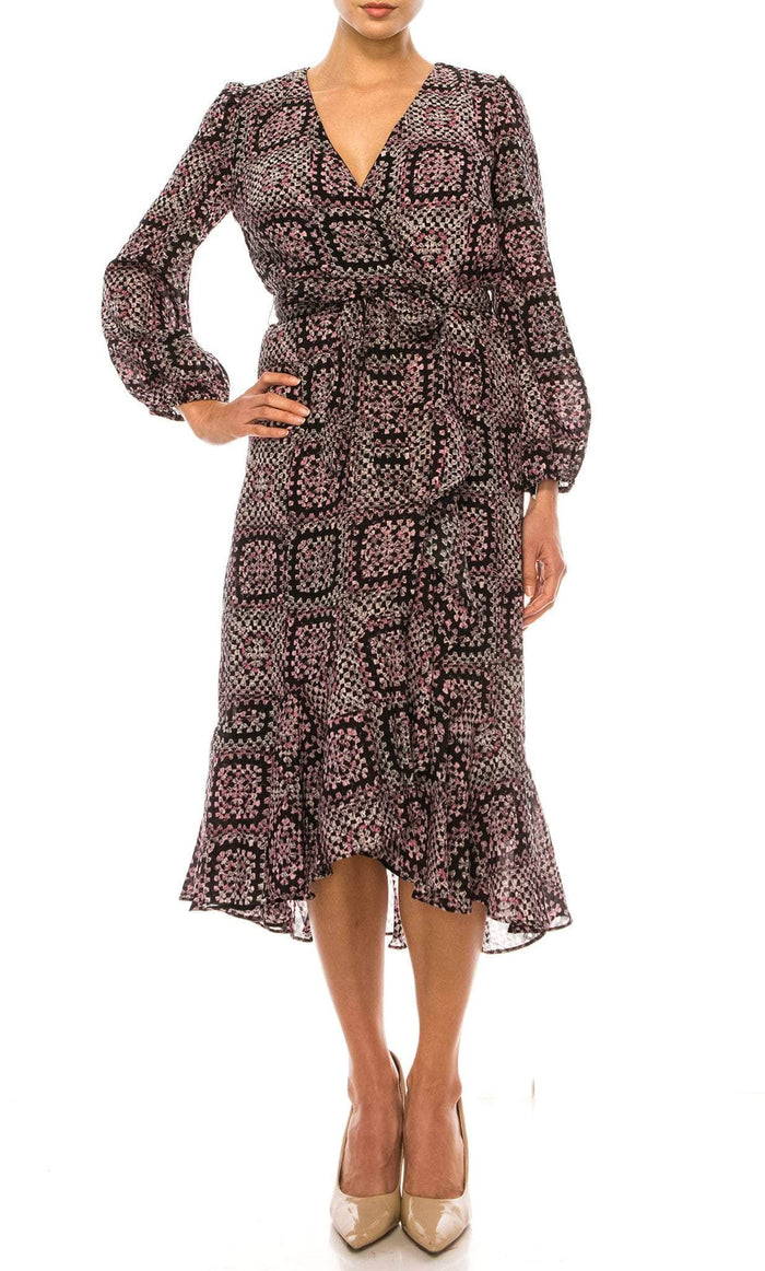 Maison Tara 95611M - Faux Wrap Long Sleeve Dress Special Occasion Dress 0 / Black Blush