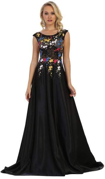 May Queen - Cap Sleeves Floral Appliqued A-line Evening Gown RQ7587 CCSALE 16 / Black/Multi