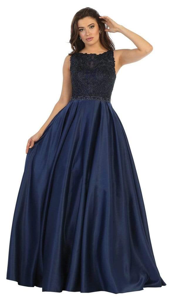 May Queen - Embellished Bateau Pleated Ballgown RQ7744 - 1 pc Navy In Size 6 and 1 Pc Burgundy in Size 10 Available CCSALE 6 / Navy