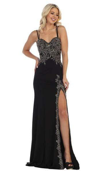 May Queen - Gilded Filigree High Slit Long Gown MQ1633 - 1 pc Black in Size 8 Available CCSALE 6 / Black