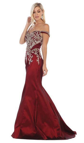 May Queen - Metallic Lace Appliqued Trumpet Gown MQ1609 - 2 pcs Burgundy In Size 8 and 12 Available CCSALE 12 / Burgundy