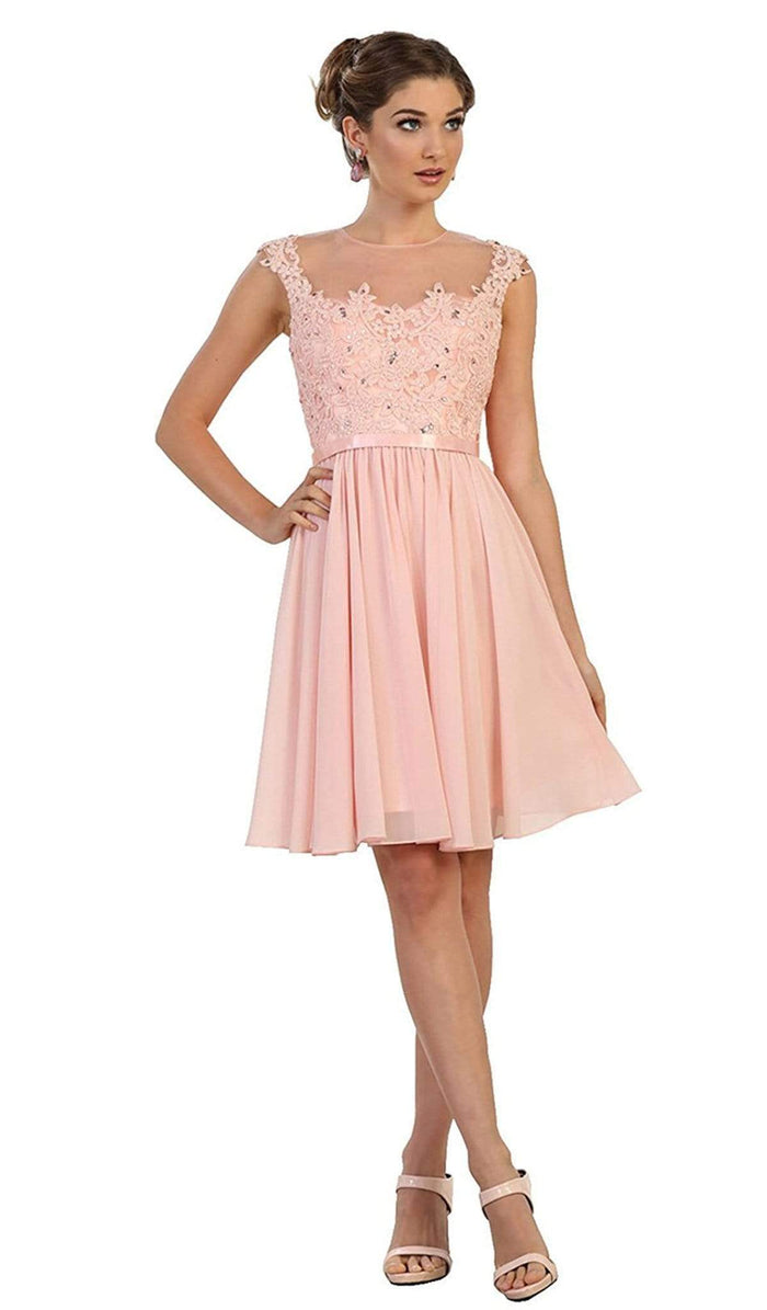 May Queen - MQ1550 Embroidered Illusion A-Line Cocktail Dress Special Occasion Dress 4 / Blush