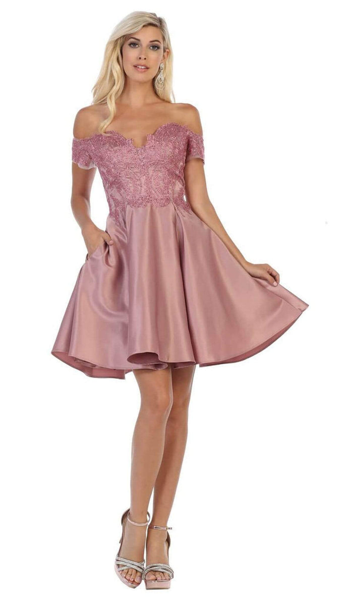 May Queen - MQ1634 Embellished Plunging Off-Shoulder A-line Dress Cocktail Dresses 4 / Mauve