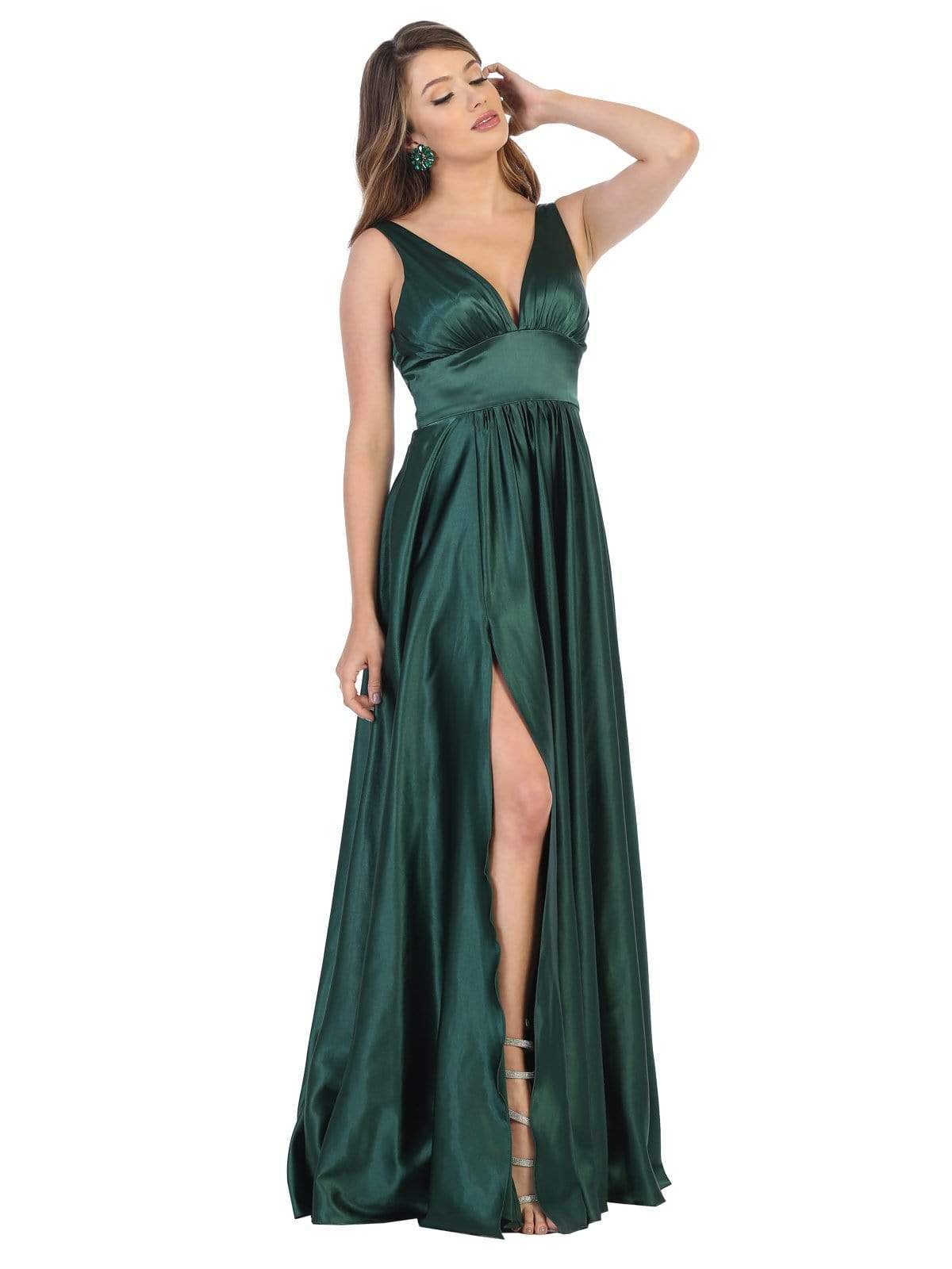 May Queen - MQ1723 Plunging V-Neck Empire High Slit Dress – Couture Candy