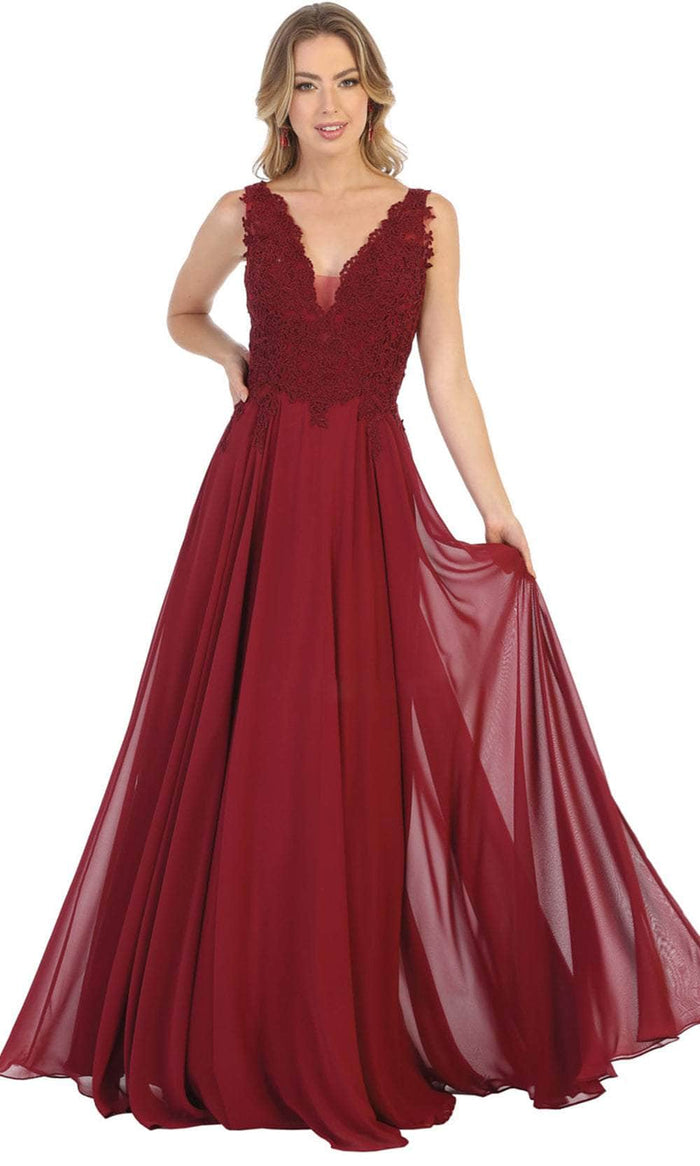 May Queen MQ1754B - Laced A-Line Evening Dress Evening Dresses 22 / Burgundy