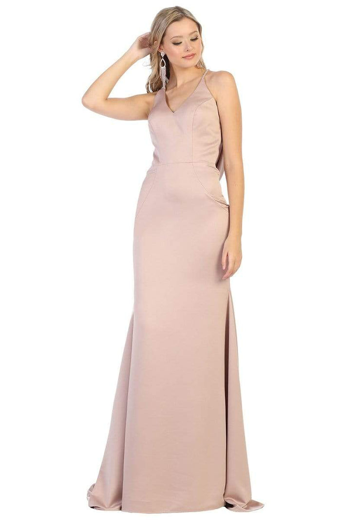 May Queen - MQ1779 Embellished V-neck Trumpet Dress Evening Dresses 4 / Taupe