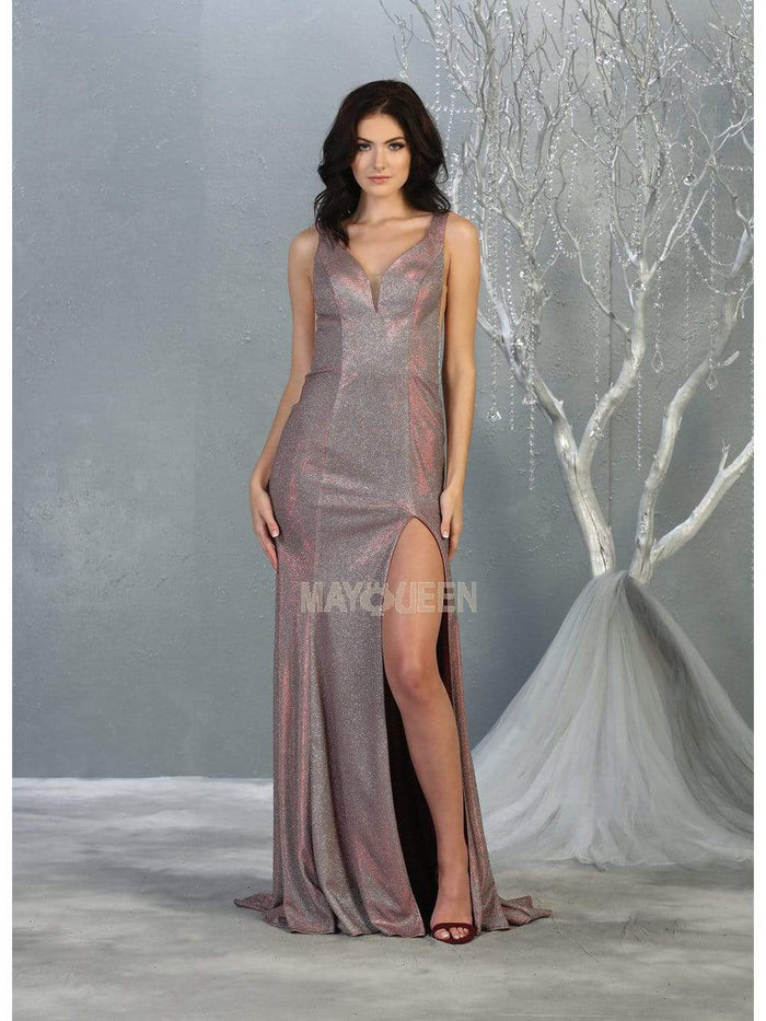 May Queen - MQ1805 Deep V-neck Trumpet Dress With Slit Prom Dresses 2 / Burg/Multi