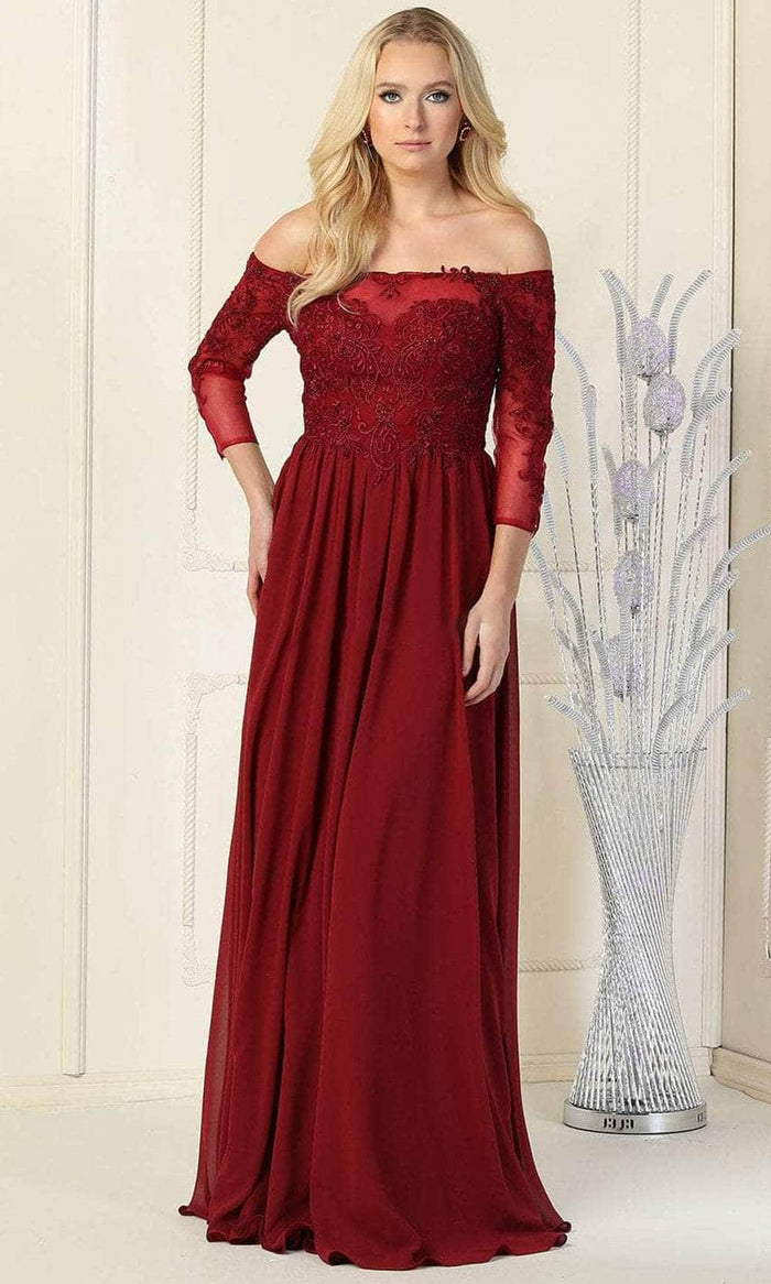 May Queen MQ1853 - Laced Off-Shoulder Dress Evening Dresses S / Burgundy