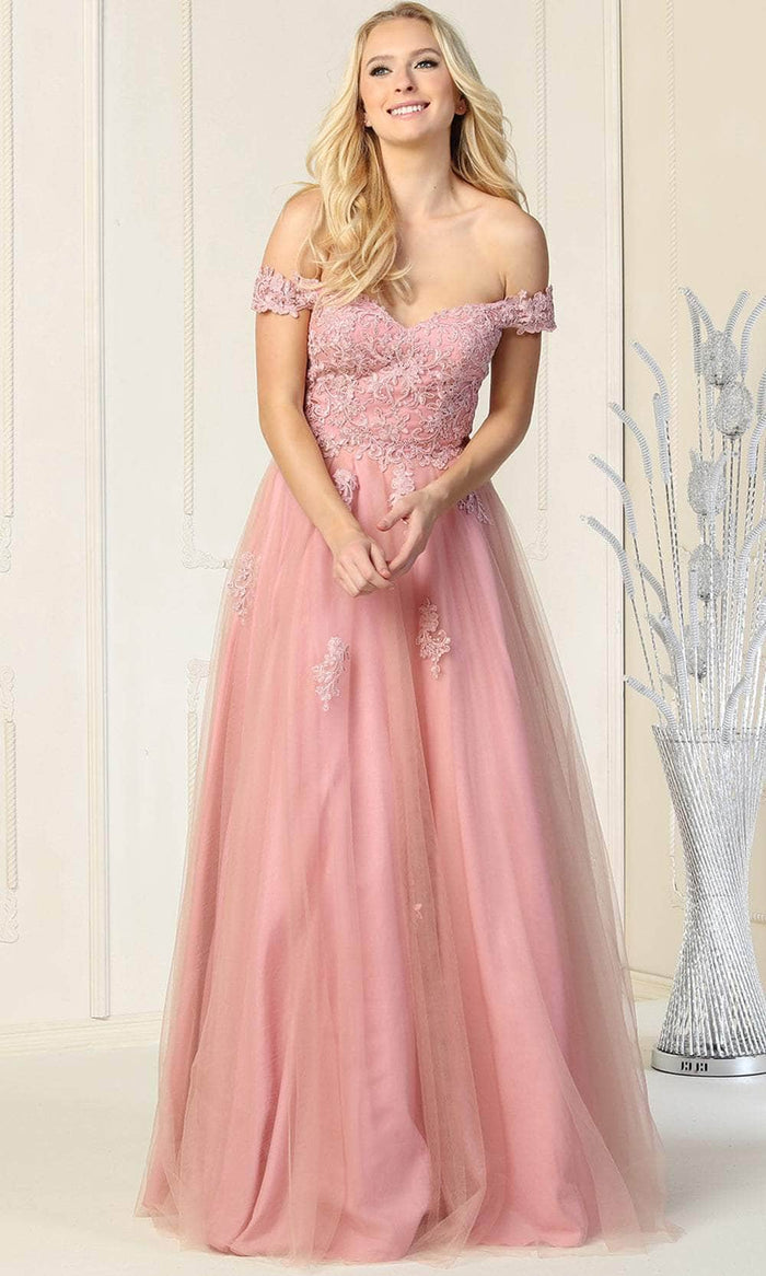 May Queen MQ1866 - Floral Embellishments Off Shoulder Ball gown Special Occasion Dress In Pink