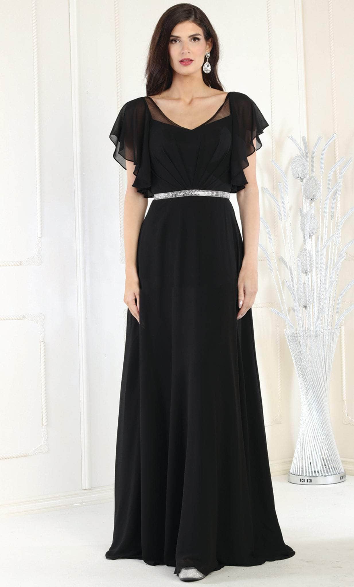 A-line V Neck Full/Long Sleeve Tea-Length Chiffon Mother of the Bride Dress  With Pleated Waistband