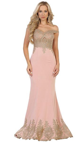 May Queen - Off Shoulder Appliqued Fitted Prom Dress RQ7586 - 1 pc Dusty In Size 4 Available CCSALE 4 / Dusty