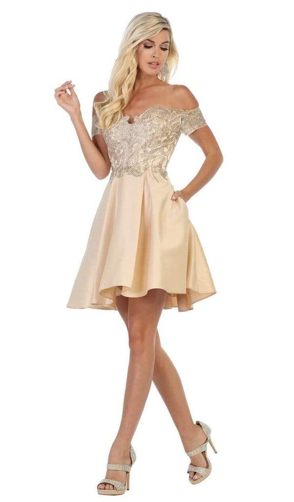 May Queen - Plunging Off-Shoulder A-line Cocktail Dress MQ1634 - 1 pc Champagne in Size 6 Available CCSALE 6 / Champagne