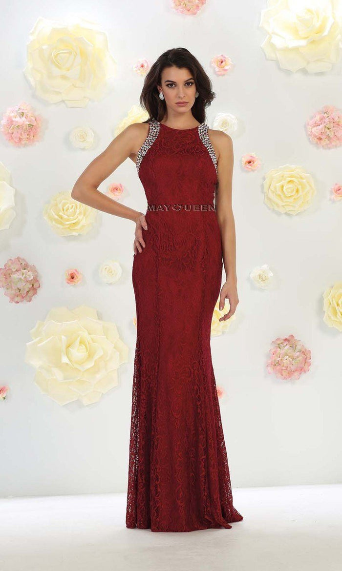 May Queen Rhinestone Embellished Lace Evening Dress MQ1475 - 1 pc Burgundy In Size 8 Available CCSALE 8 / Burgundy