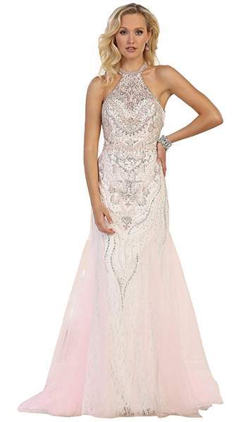 May Queen - RQ-7572 Bedazzled Halter Neck Sheath Evening Gown - 1 pc Pink In Size 8 Available CCSALE 8 / Pink