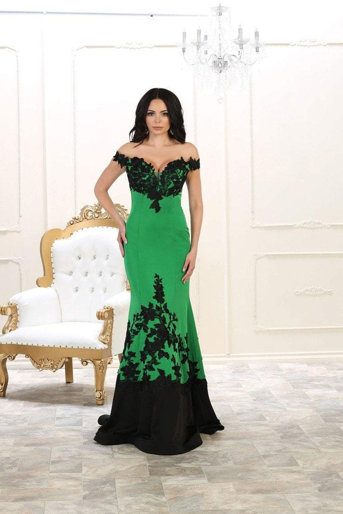 May Queen - RQ7499 Floral Appliqued Two Toned Off Shoulder Mermaid Gown CCSALE 14 / Emerald/Black