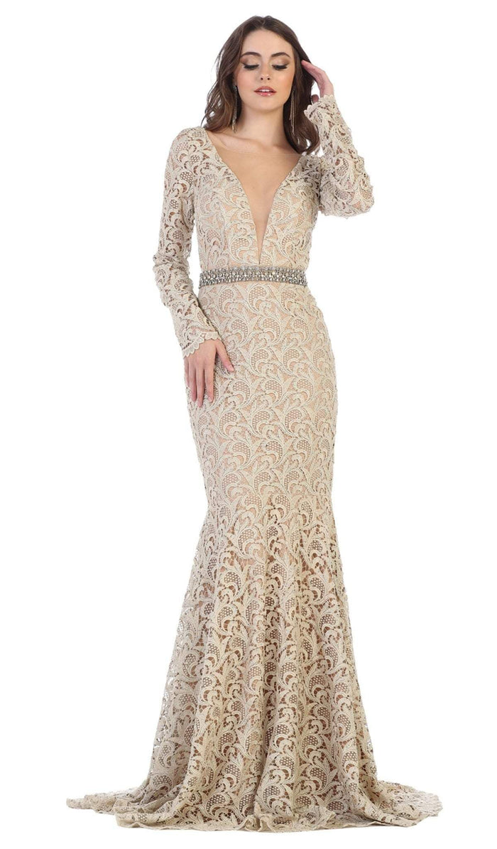 May Queen - RQ7671 Lace Long Sleeve Trumpet Dress With Train Special Occasion Dress 4 / Champagne