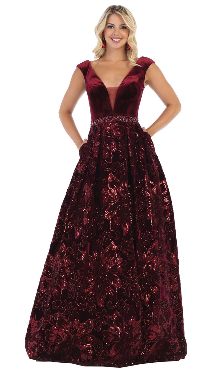 May Queen - RQ7674 Embellished Plunging V-neck Ballgown Special Occasion Dress 4 / Burgundy