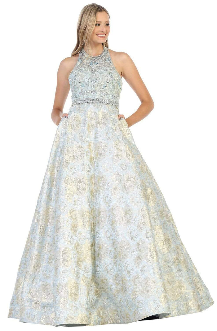 May Queen - RQ7772 Embroidered Halter Ballgown Ball Gowns 4 / Baby-Blue