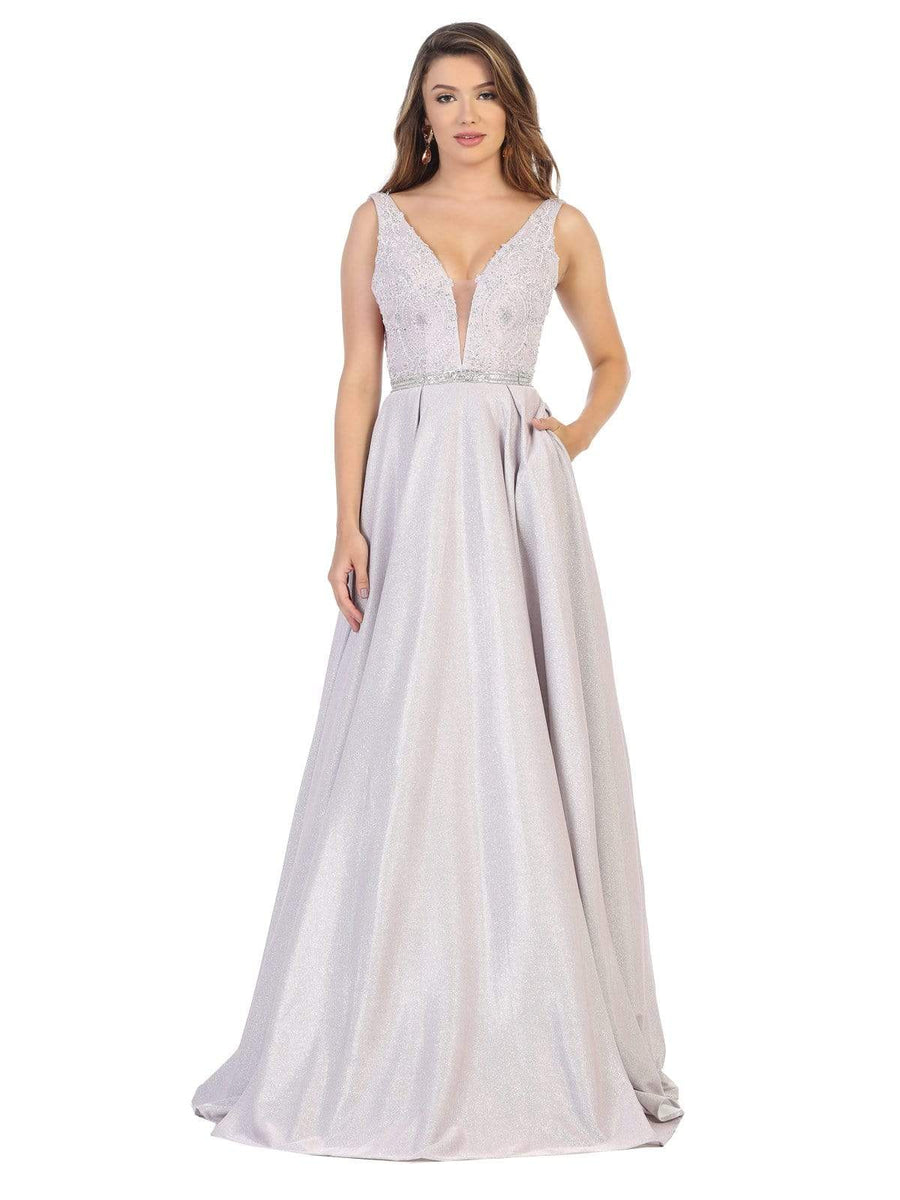 May Queen - RQ7790 Embroidered Deep V-neck A-line Gown – Couture Candy