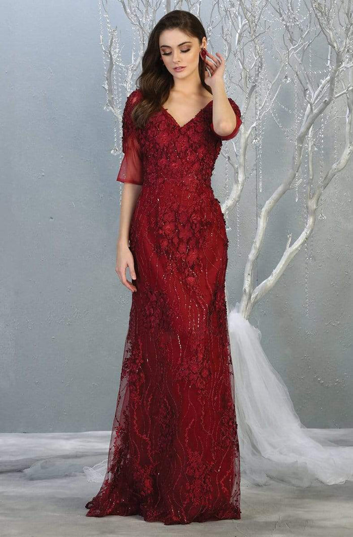 May Queen - RQ7873 Floral Applique V-neck Trumpet Dress Mother of the Bride Dresses M / Burgundy