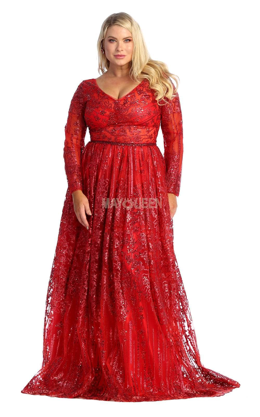 May Queen RQ7920 - Ornated Sheer Bodice Long Sleeve A Line Dress ...