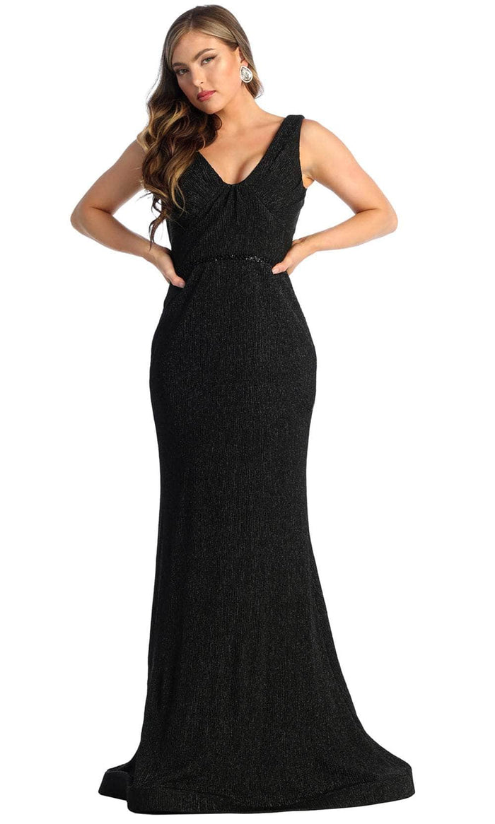 May Queen RQ7955 - Pleated V-Neck Evening Dress Evening Dresses 4 / Black