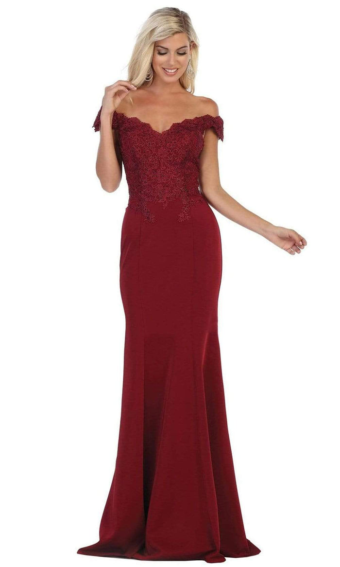 May Queen - Scalloped Off-Shoulder Trumpet Dress MQ1675 - 1 pc Burgundy In Size 6 Available CCSALE 6 / Burgundy