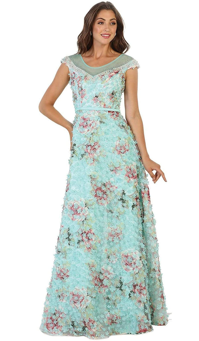 May Queen - Sheer Cap Sleeves Floral Embellished A-line Gown RQ7554 - 1 pc Mint in size o Available CCSALE 8 / Mint