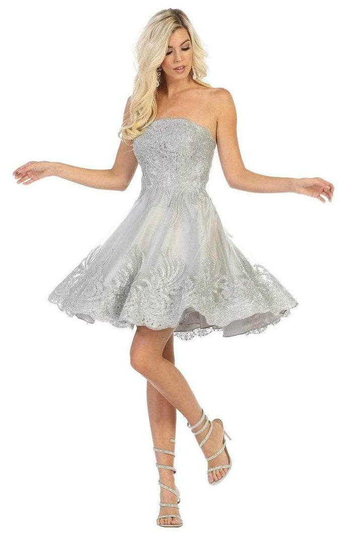 May Queen - Straight Across Lace Cocktail Dress MQ1650 - 1 pc Silver/Silver In Size 8 Available CCSALE 8 / Silver/Silver