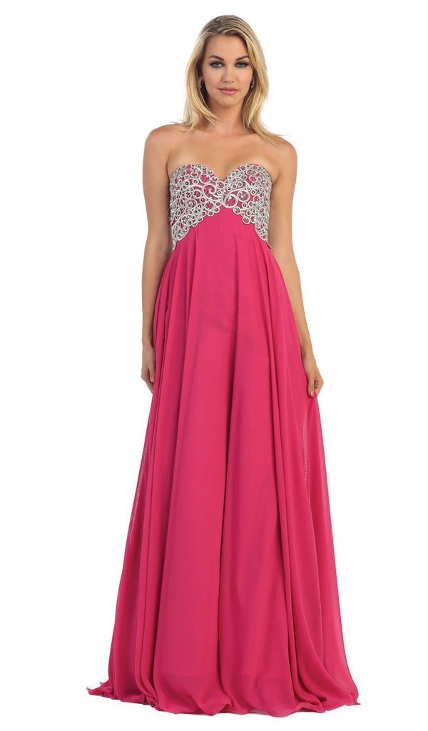 May Queen Strapless Metallic Ornate Lace Up A-Line Evening Gown MQ-1105 CCSALE 14 / Fuchsia