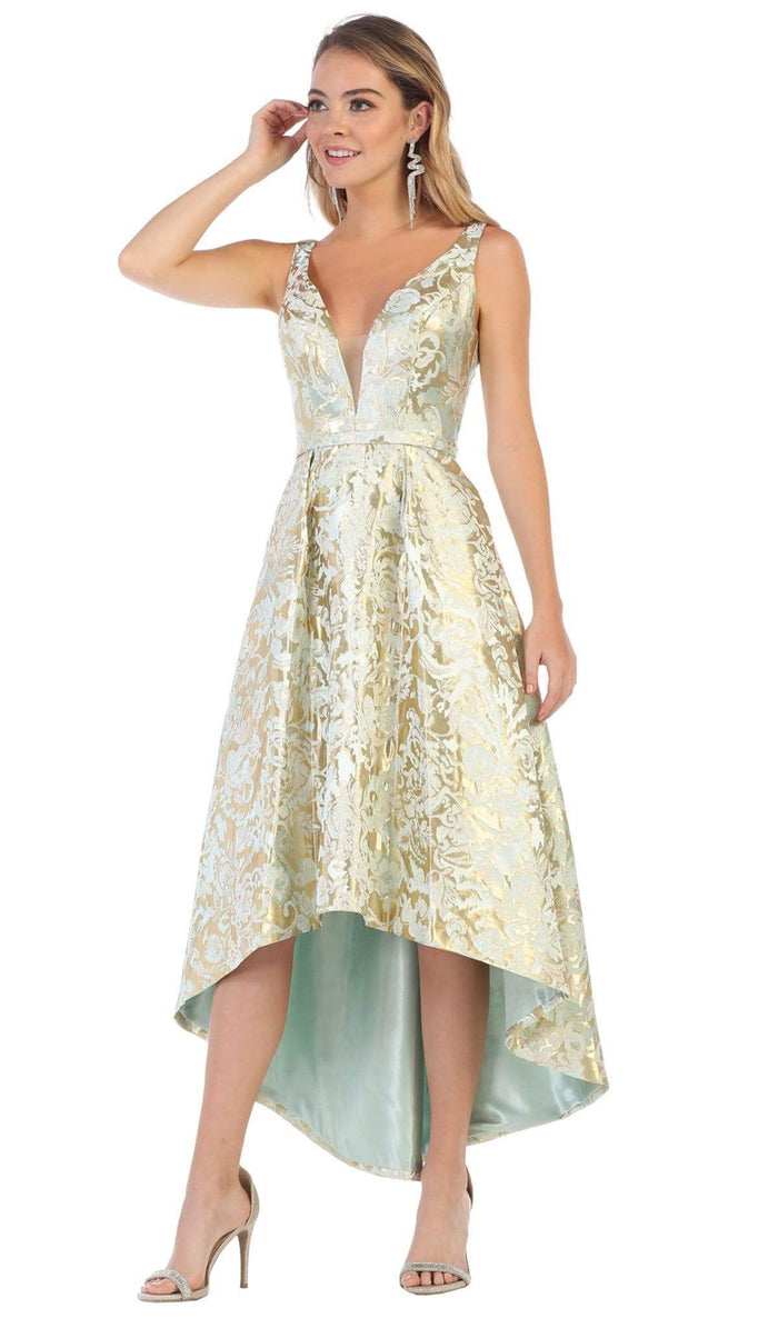 May Queen - Two Tone Deep V-neck High Low A-line Dress RQ7681 - 1 pc Mint/Gold in Size 20 Available CCSALE 4 / Mint/Gold