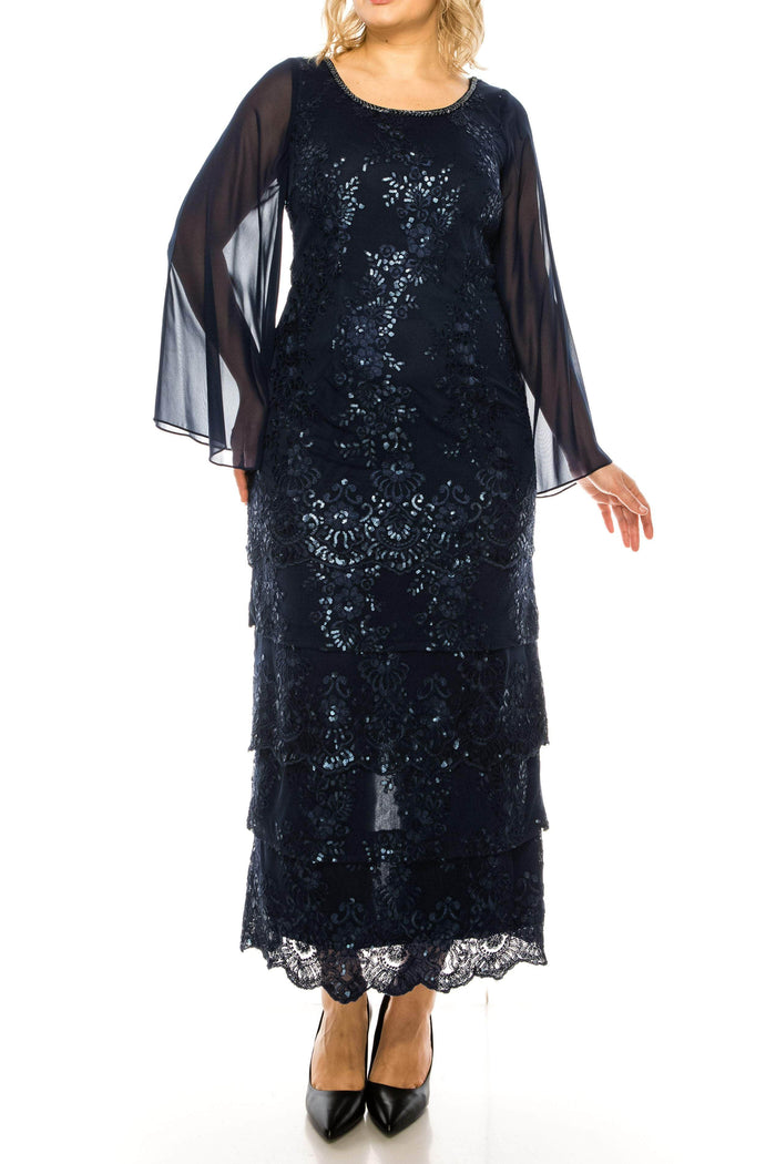 Maya Brooke 28407MV - Floral Sequined Sheer Long Sleeved Tiered Dress Special Occasion Dress