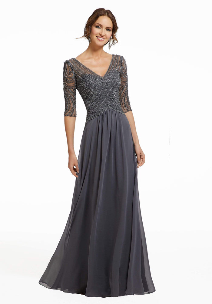 MGNY By Mori Lee - 72028SC Beaded V-Neck A-Line Evening Dress - 3 pcs Charcoal in Size 6, 10 & 14 and 1 pc Navy in Size 14 Available CCSALE 6 / Charcoal