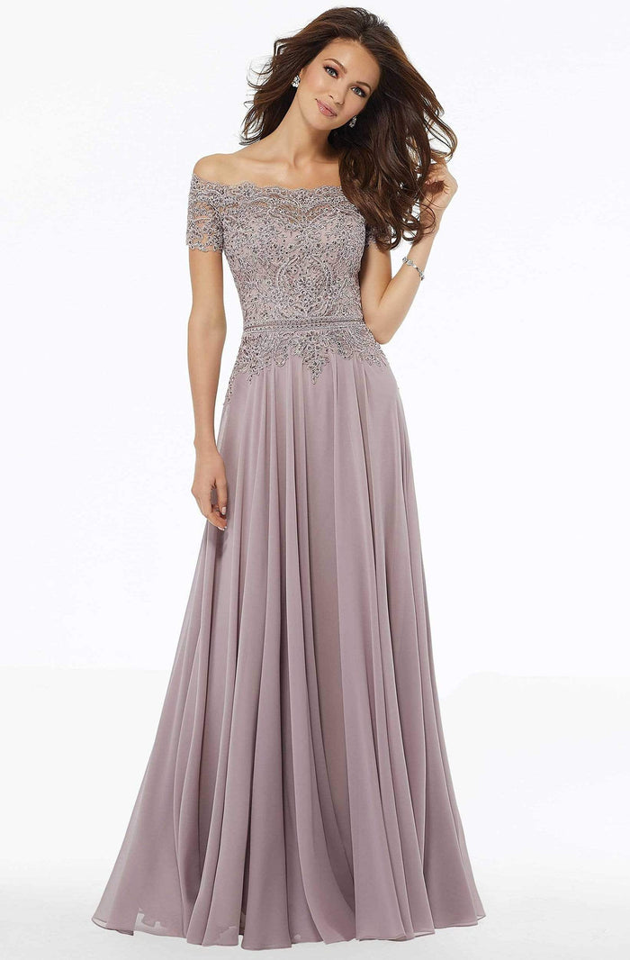 MGNY By Mori Lee - 72133SC Lace Appliqued Off Shoulder Chiffon Dress - 1 pc Navy in Size 20 Available CCSALE 4 / Dusty Rose