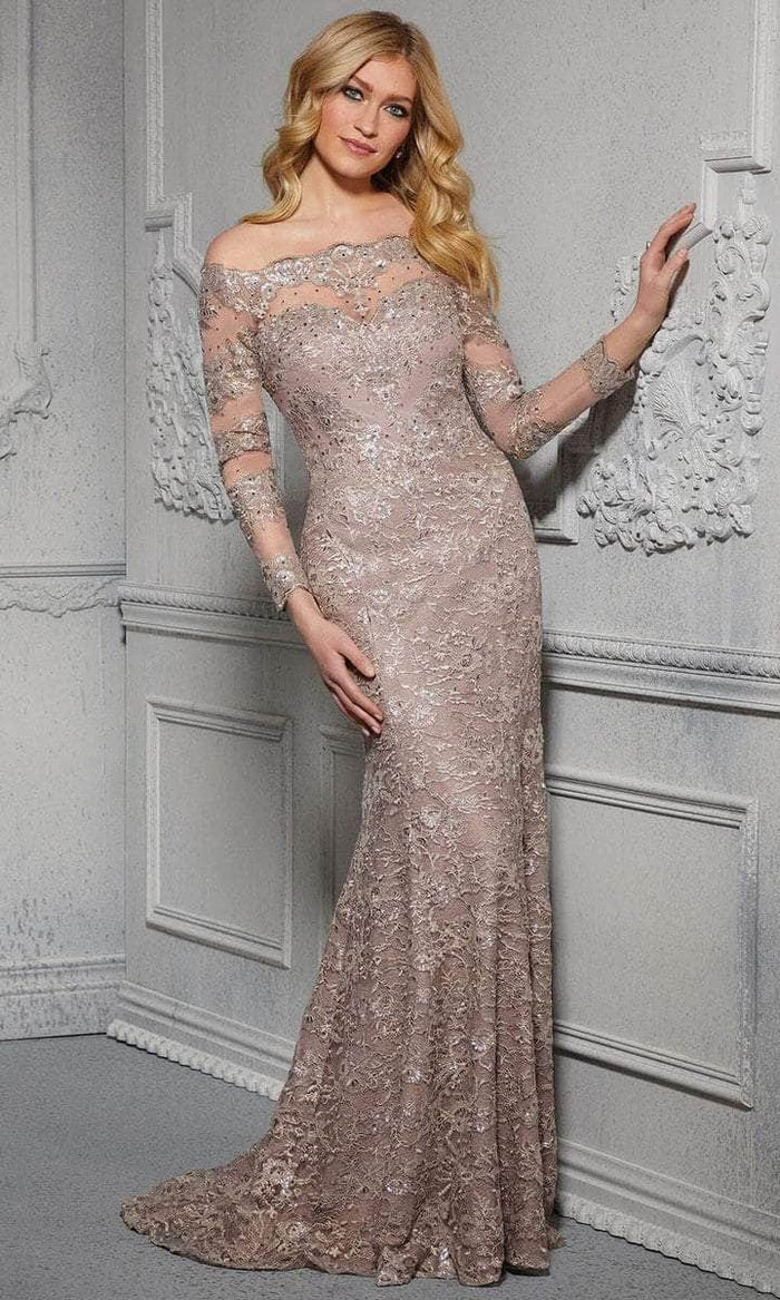 MGNY By Mori Lee - 72415SC Embellished Off-shoulder Sheer Lace Dress - 1 pc Taupe/Mauve in Size 8 Available CCSALE 8 / Taupe/Mauve