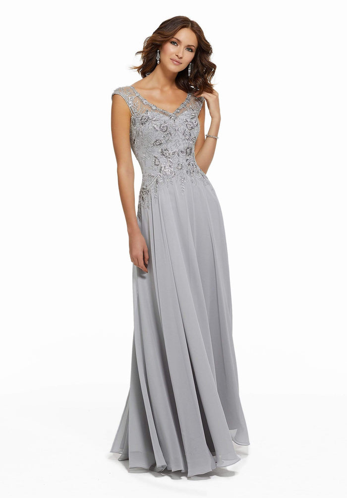 MGNY By Mori Lee - Beaded Lace V-neck A-line Chiffon Evening Dress 72021SC CCSALE 2 / Silver