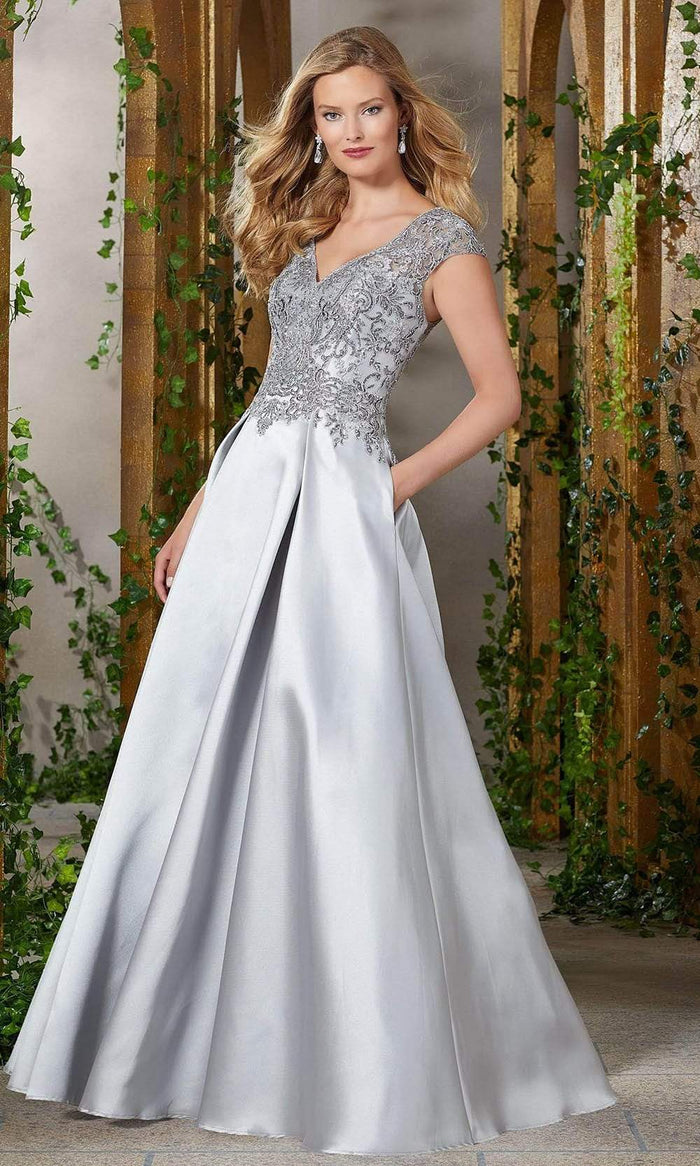 MGNY By Mori Lee - Beaded Lace V-Neck Satin Dress 71904SC - 1 pc Silver In Size 4 Available CCSALE 4 / Silver