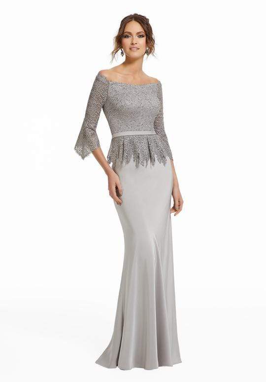 MGNY By Mori Lee - Beaded Off-Shoulder Evening Gown with Peplum 72005SC - 1 pc Taupe In Size 10 Available CCSALE 10 / Taupe