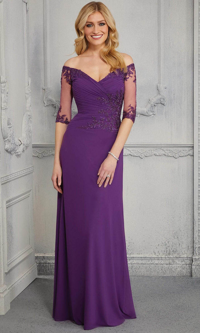 MGNY By Mori Lee - Wide Neck Soft Stretch Column Gown 72411SC - 1 pc Navy In Size 6 Available CCSALE 6 / Navy