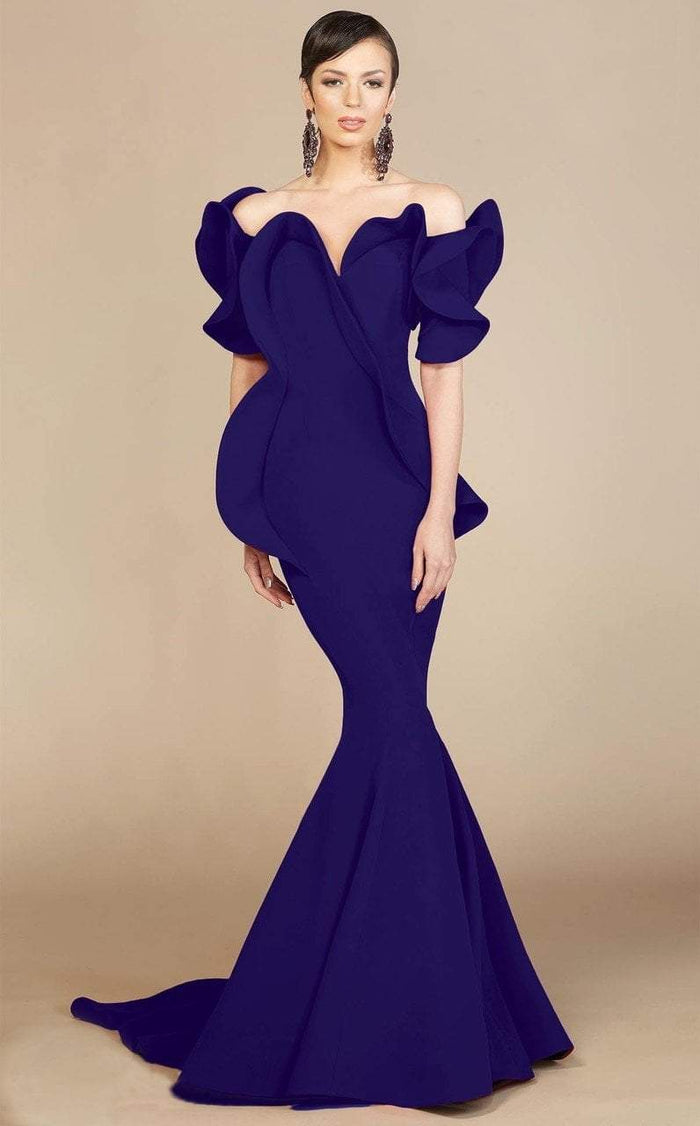 MNM Couture - 2328 Peplum Off-Shoulder Mermaid Evening Gown Evening Dresses 0 / Blue