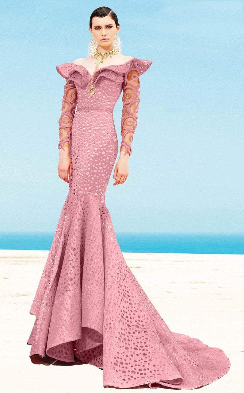 MNM Couture - 2345 Ruffle Off-Shoulder Laser Cut Mermaid Gown