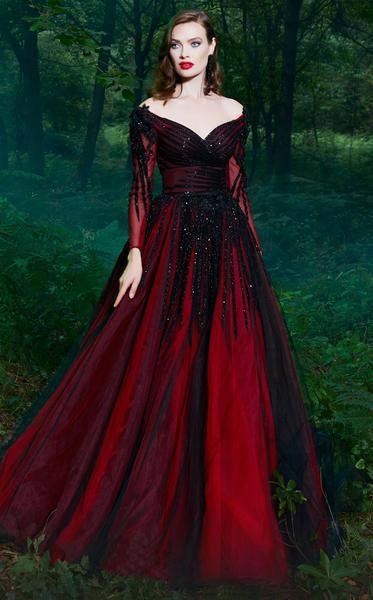 MNM COUTURE - 2490 Off-Shoulder Sequined Ballgown Ball Gowns 4 / Red