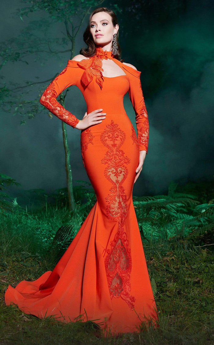 MNM COUTURE - 2502 High Neck Cutaway Shoulder Mermaid Gown In Orange