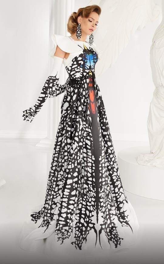 MNM COUTURE - 2592 Flutter Sleeve Printed A-Line Gown Evening Dresses 6 / Black/White