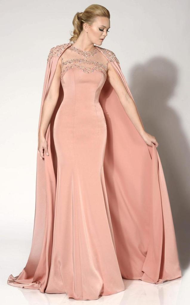 MNM COUTURE - Embellished Illusion Caped Gown 10840 CCSALE 20 / Pink