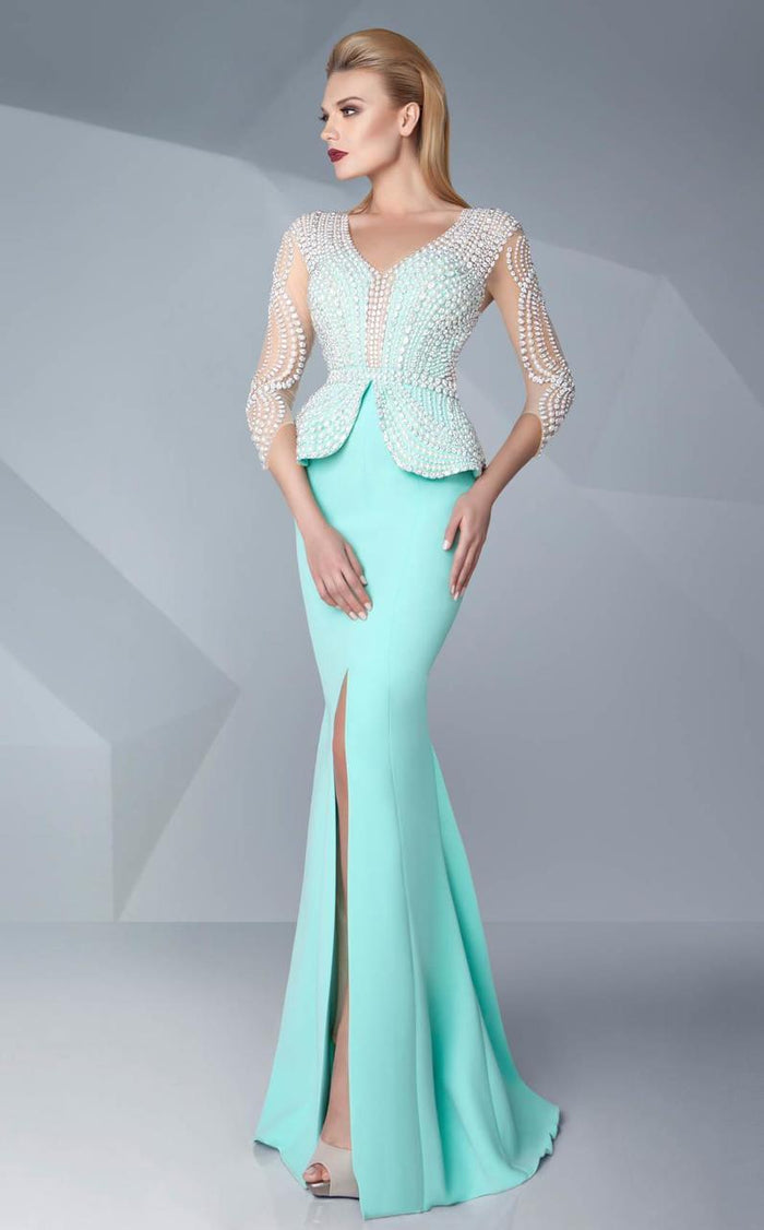 MNM Couture - Embellished Illusion Mermaid Gown G0573 Special Occasion Dress 0 / Aqua