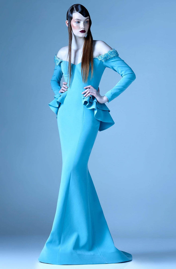 MNM Couture - G0936 Embellished Off-Shoulder Long Sleeve Dress Special Occasion Dress 0 / Blue