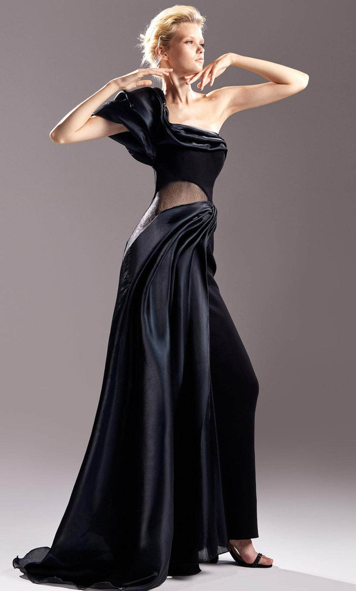 MNM COUTURE G1531 - One-Shoulder Sleeve Side Cut-Out Embellished Prom Dress Special Occasion Dress 0 / Black