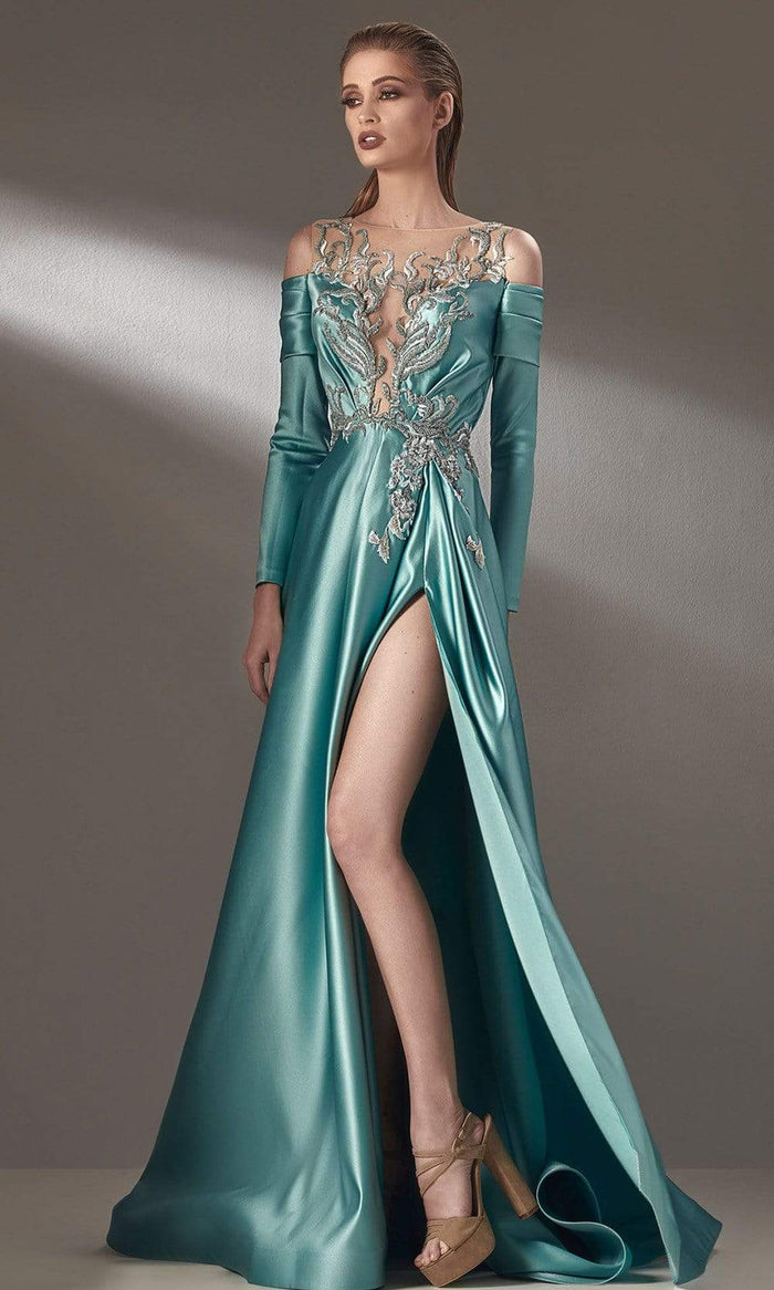 MNM COUTURE - K3886 Illusion Bateau A-Line Evening Dress Evening Dresses 4 / Aqua