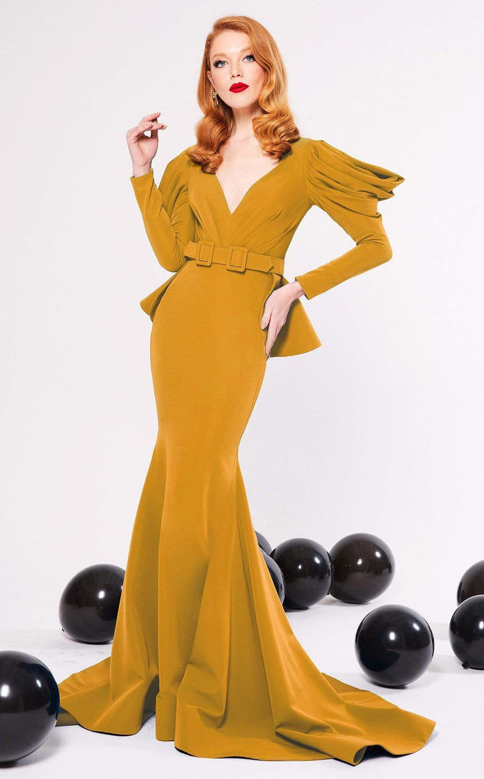 MNM COUTURE - N0315 Cowl Ornate Cutout Long Sleeve Mermaid Gown Evening Dresses 4 / Mango